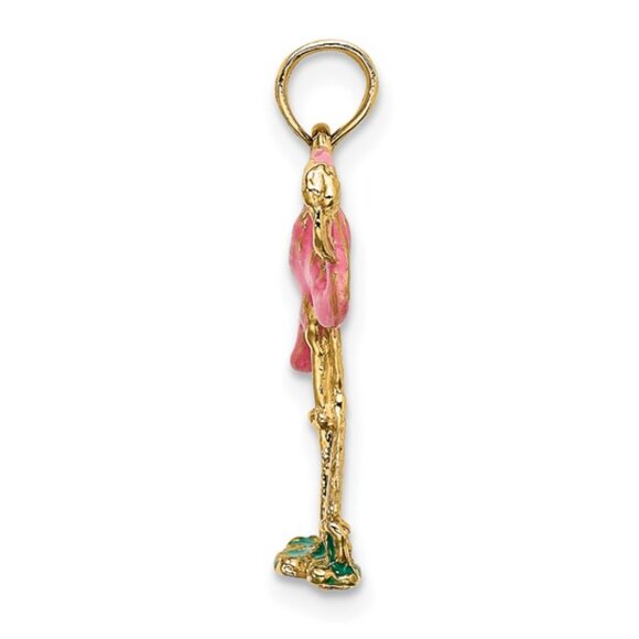 10k Yellow Gold 3-D Pink Enamel Small Flamingo Bird Necklace Charm Pendant - Picture 2 of 4